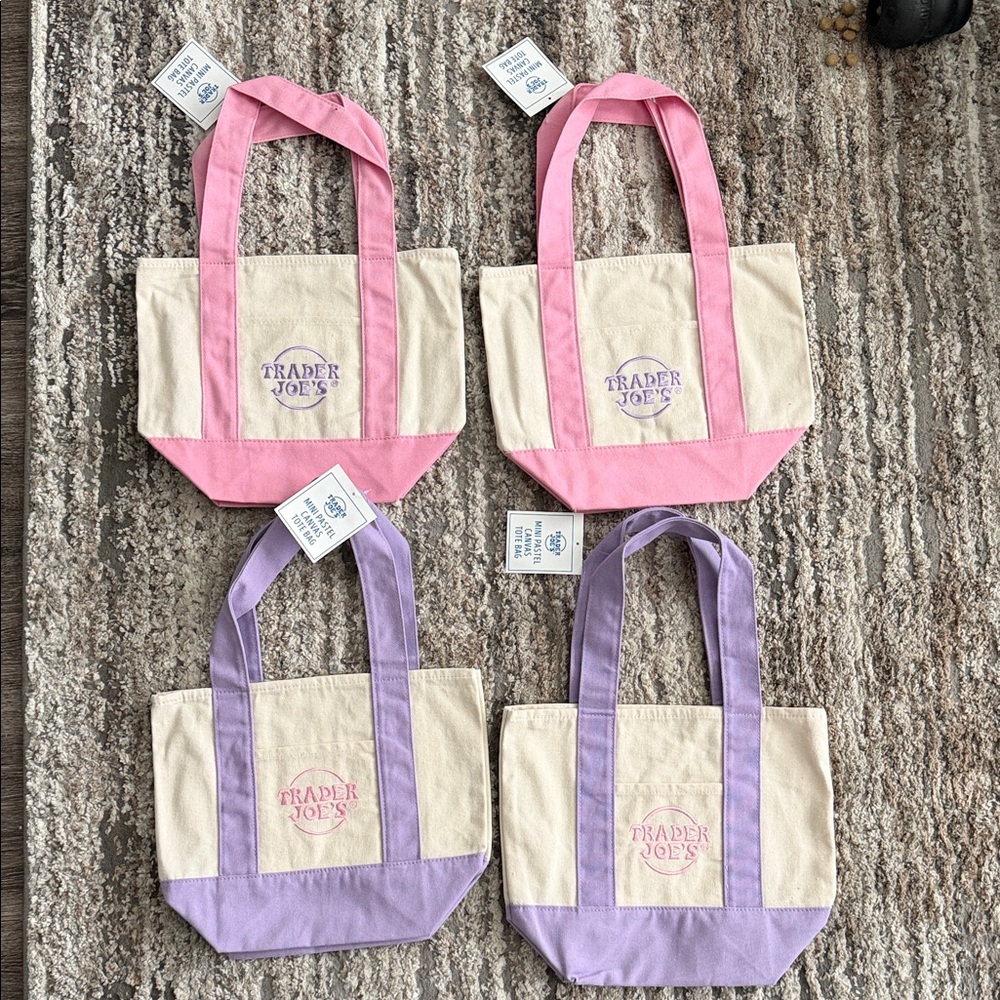 4 Totes! Trader Joe’s Mini Pastel Tote Bags - 2 Pink, 2 Purple